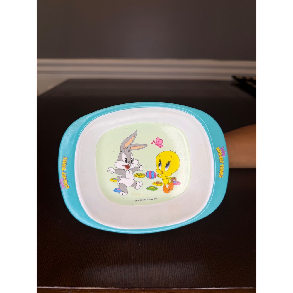 Vintage 1997 Baby Looney Tunes Melamine Bowl Bugs Bunny Tweety Bird Turquoise